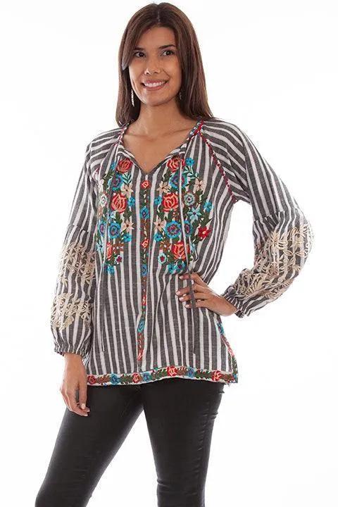 Scully CHARCOAL STRIPE BLOUSE W/FLORAL EMB. - Scully Leather