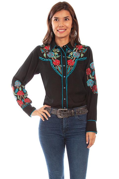 Scully BLACK WESTERN BLOUSE W/PIPING & PEARL SNAP - Flyclothing LLC