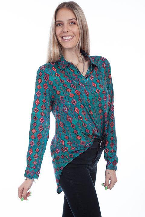 Scully TURQUOISE POLY CREPE BUTTON UP BLOUSE - Scully Leather