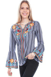 Scully CHARCOAL Y/D STRIPE BLOUSE W/EMBROIDERY - Scully Leather