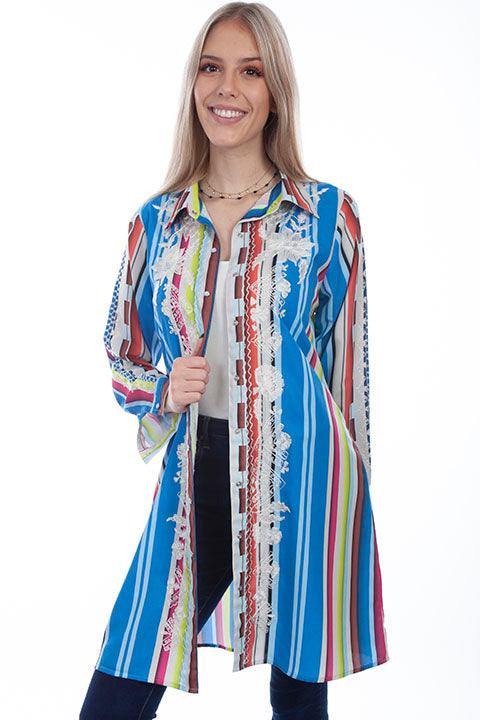 Scully Leather Multi Button Front Stripe Dress W/Embroidered - Scully Leather