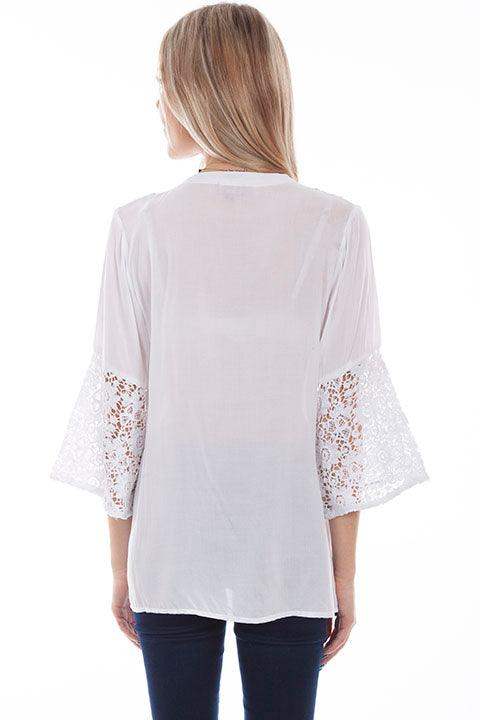 Scully WHITE EMB BLOUSE WITH CROCHET SLEEVES - Scully Leather - Flyclothing LLC