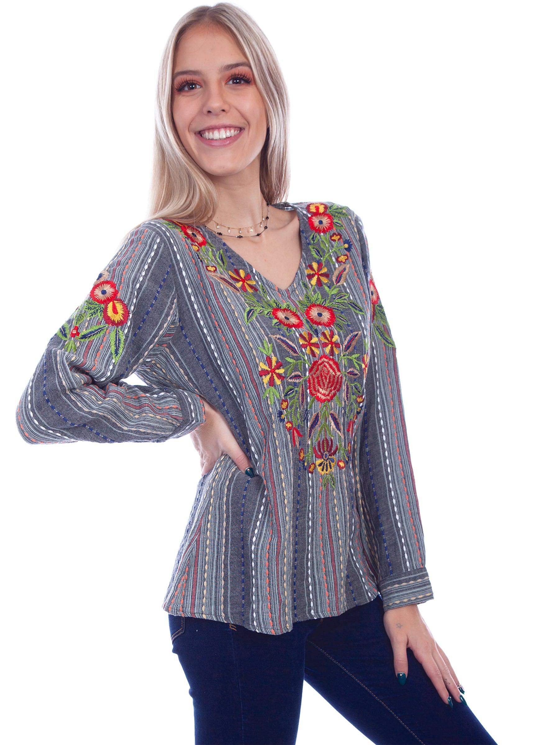 Scully CHARCOAL EMB STRIPED BLOUSE - Scully Leather - Flyclothing LLC