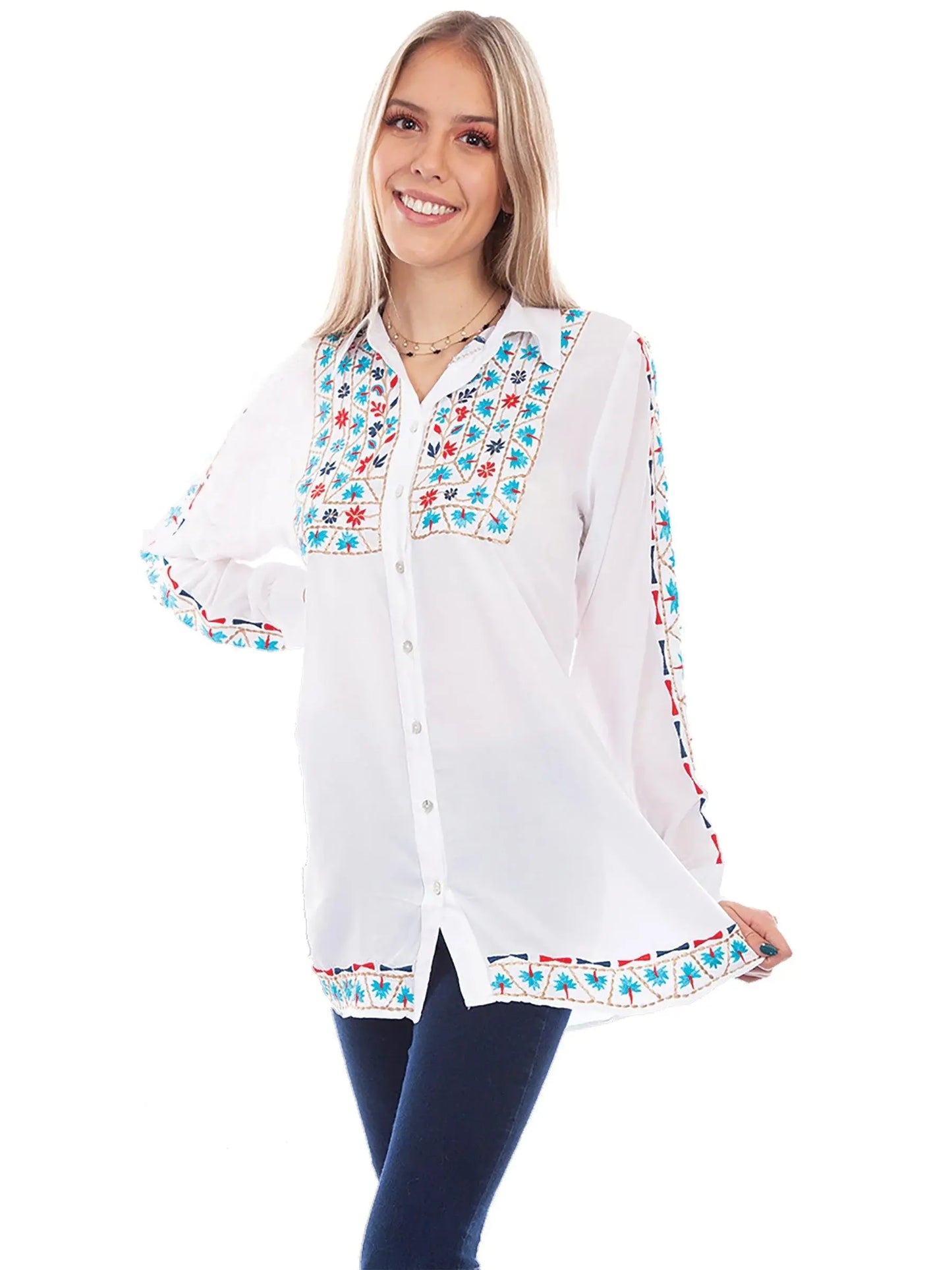 Scully WHITE BUTTON FRONT EMB. TUNIC - Scully Leather - Flyclothing LLC