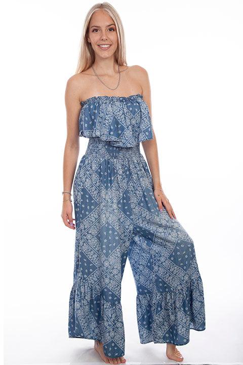 Scully Leather Light Blue Paisley Print Jumpsuit Ruffle Top - Flyclothing LLC