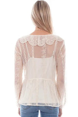 Scully Leather Honey Creek Ivory Embroidered Mesh Tie Front Blouse - Scully Leather - Flyclothing LLC