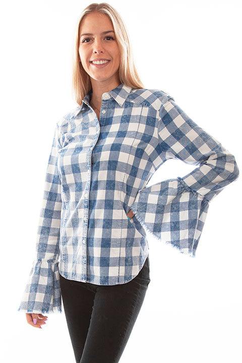 Scully Leather Honey Creek Blue Plaid Bell Sleeve Top - Scully Leather