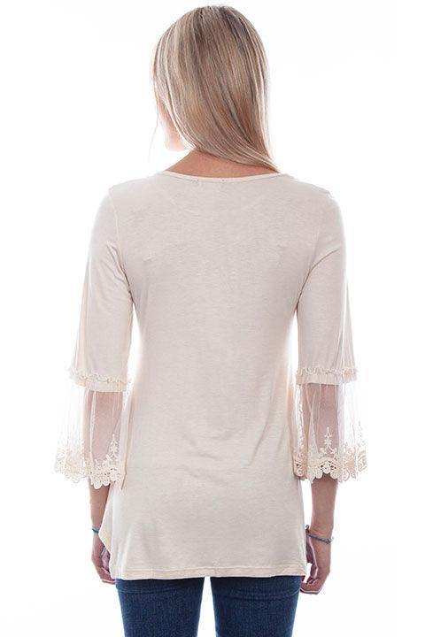 Scully Leather Beige Solid Top W/Tulle Crochet Sleeves - Scully Leather - Flyclothing LLC