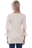 Scully Leather Beige Solid Top W/Tulle Crochet Sleeves - Scully Leather