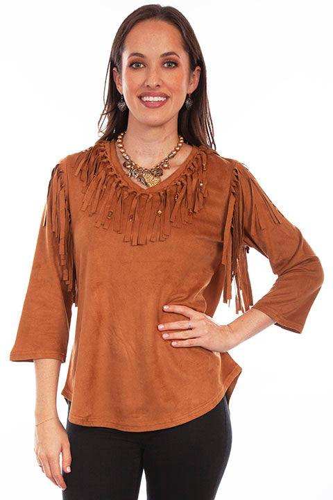 Scully Leather Honey Creek Brown Ultra Suede Fringe Pull Over Top - Scully Leather - Flyclothing LLC