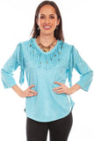 Scully Leather Honey Creek Turquoise Ultra Suede Fringe Pull Over Top - Scully Leather