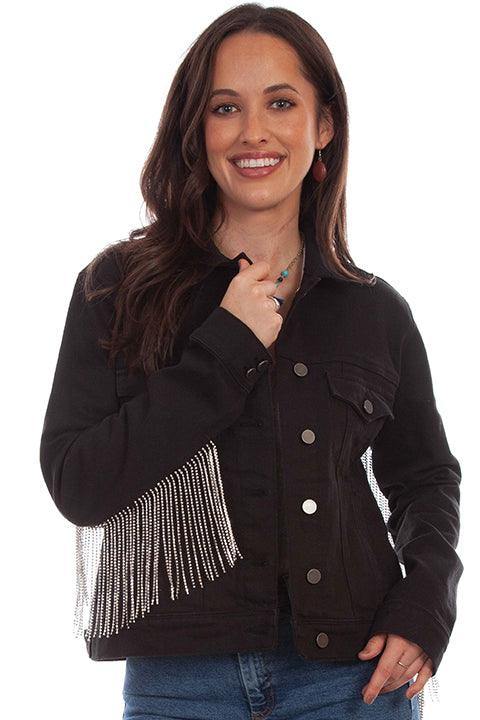 Scully Leather Black Denim Jacket W/Rhinestone Fringe Jacket - Scully Leather