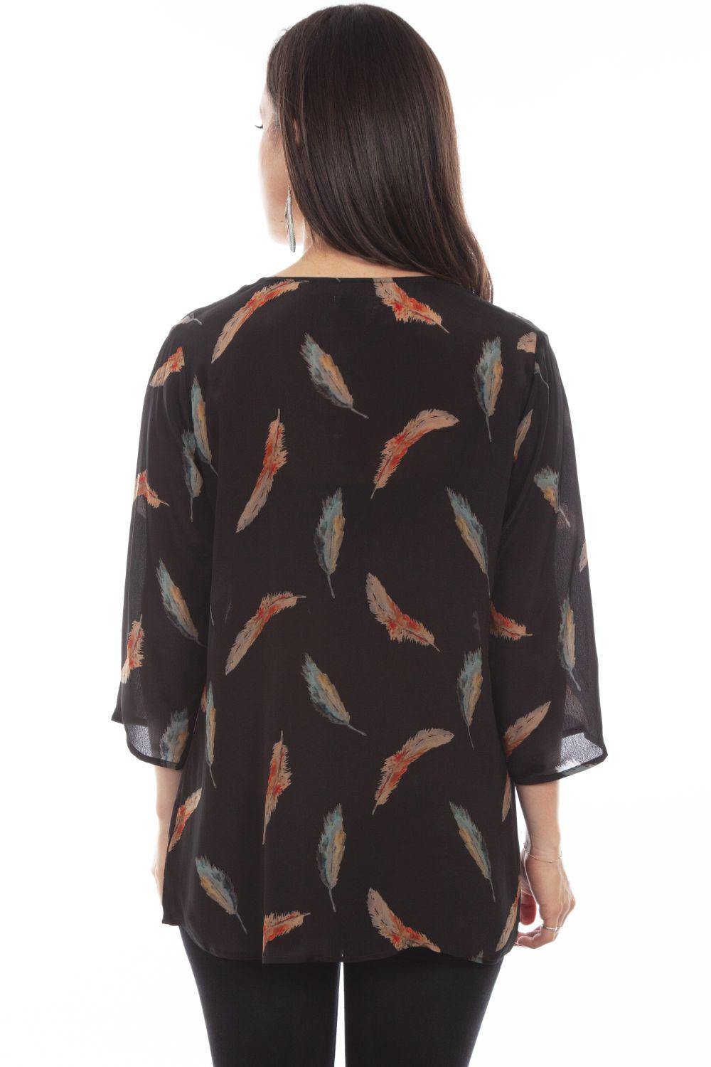Honey Creek Black Feather Print Pull Over Blouse - Scully Leather