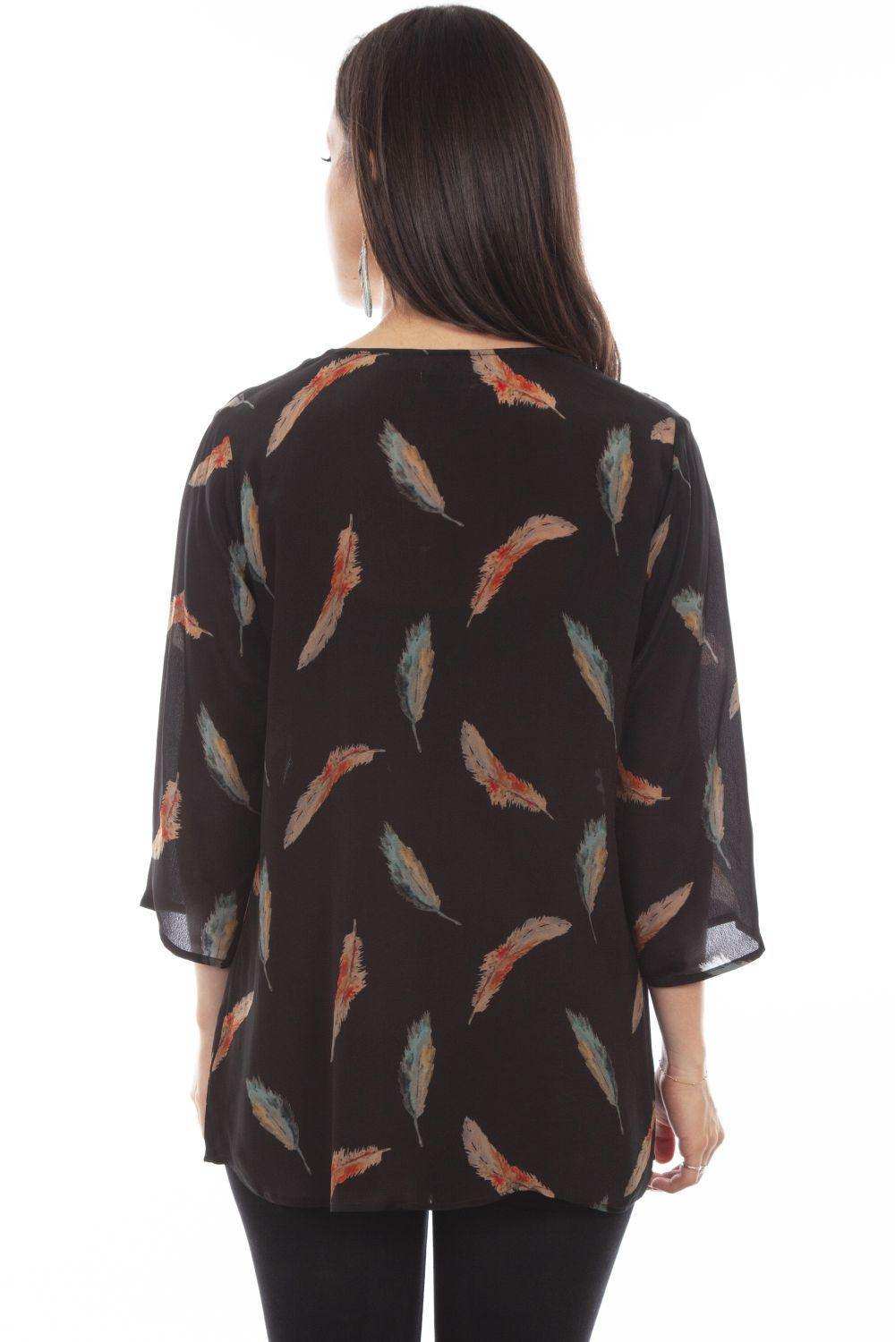 Honey Creek Black Feather Print Pull Over Blouse - Scully Leather - Flyclothing LLC