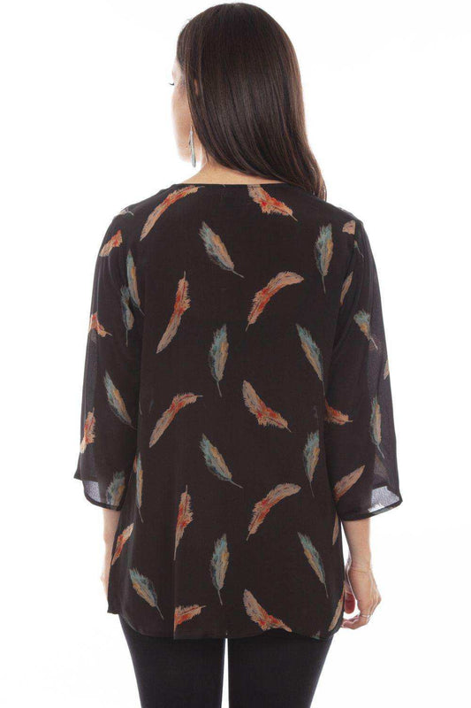 Honey Creek Black Feather Print Pull Over Blouse - Scully Leather - Flyclothing LLC
