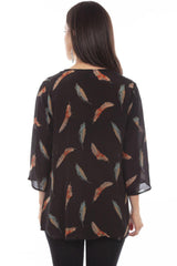 Honey Creek Black Feather Print Pull Over Blouse - Scully Leather