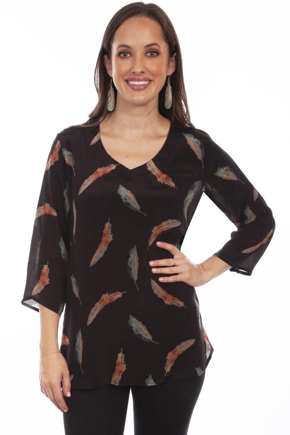 Honey Creek Black Feather Print Pull Over Blouse - Scully Leather