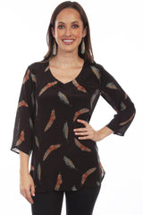Honey Creek Black Feather Print Pull Over Blouse - Scully Leather