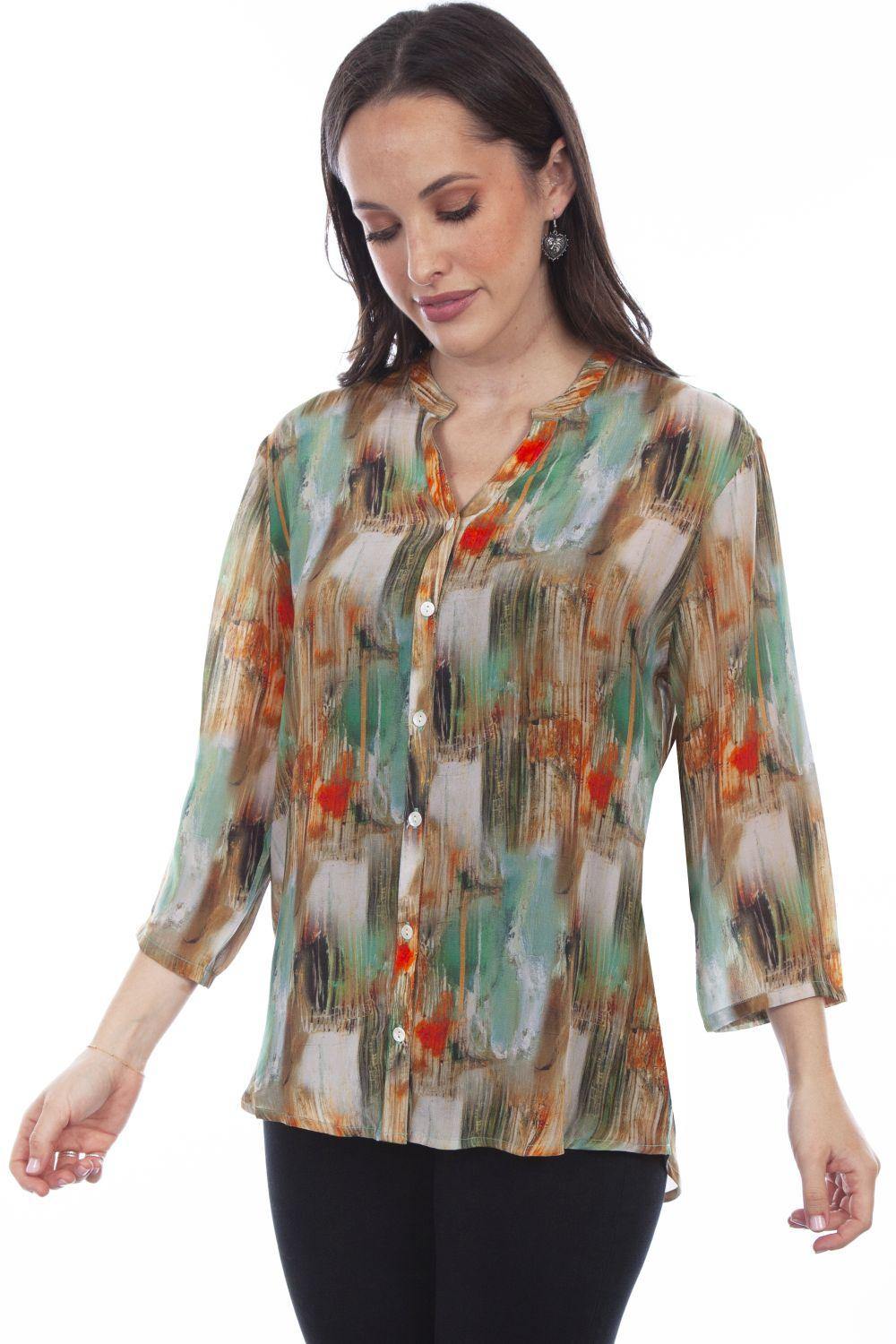 Honey Creek Turquoise Multi Color Print Blouse - Scully Leather