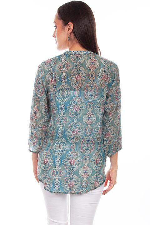 Scully Leather 36% Viscose Turquoise Button Up Print Blouse - Scully Leather - Flyclothing LLC