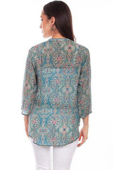 Scully Leather 36% Viscose Turquoise Button Up Print Blouse - Scully Leather - Flyclothing LLC