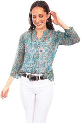Scully Leather 36% Viscose Turquoise Button Up Print Blouse - Scully Leather - Flyclothing LLC