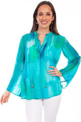Scully Leather 36% Viscose Aqua Pullover Tie Front Print Blouse - Scully Leather - Flyclothing LLC