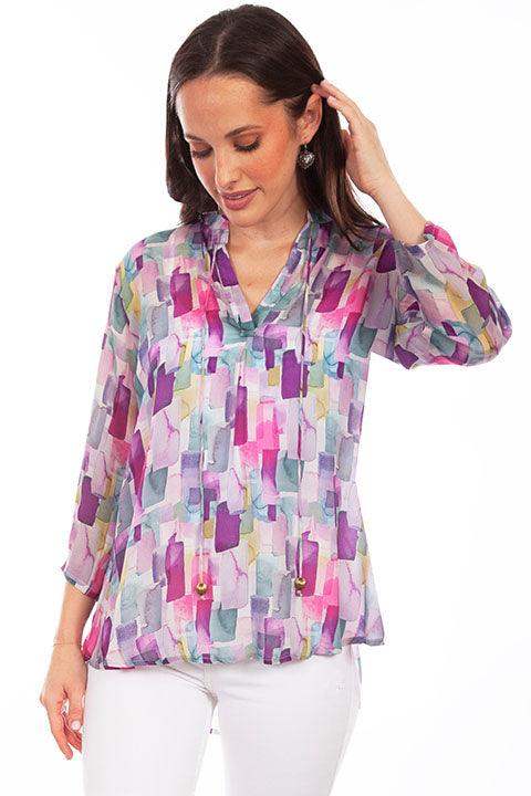 Scully Leather Lavender Pullover Tie Front Print Blouse - Scully Leather - Flyclothing LLC