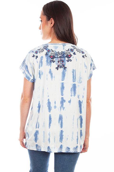 Scully Leather Light Blue Embroidered Birds & Bleach Treatment Blouse - Flyclothing LLC