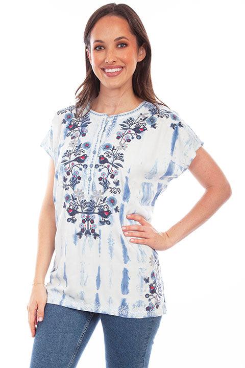 Scully Leather Light Blue Embroidered Birds & Bleach Treatment Blouse - Flyclothing LLC