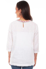 Scully Leather White Embroidered Front Blouse Frayed Hems - Flyclothing LLC