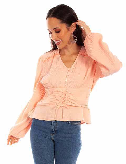 Scully Leather Honey Creek Blush Cotton Texture Peplum Top W/Lace Up - Scully Leather - Flyclothing LLC
