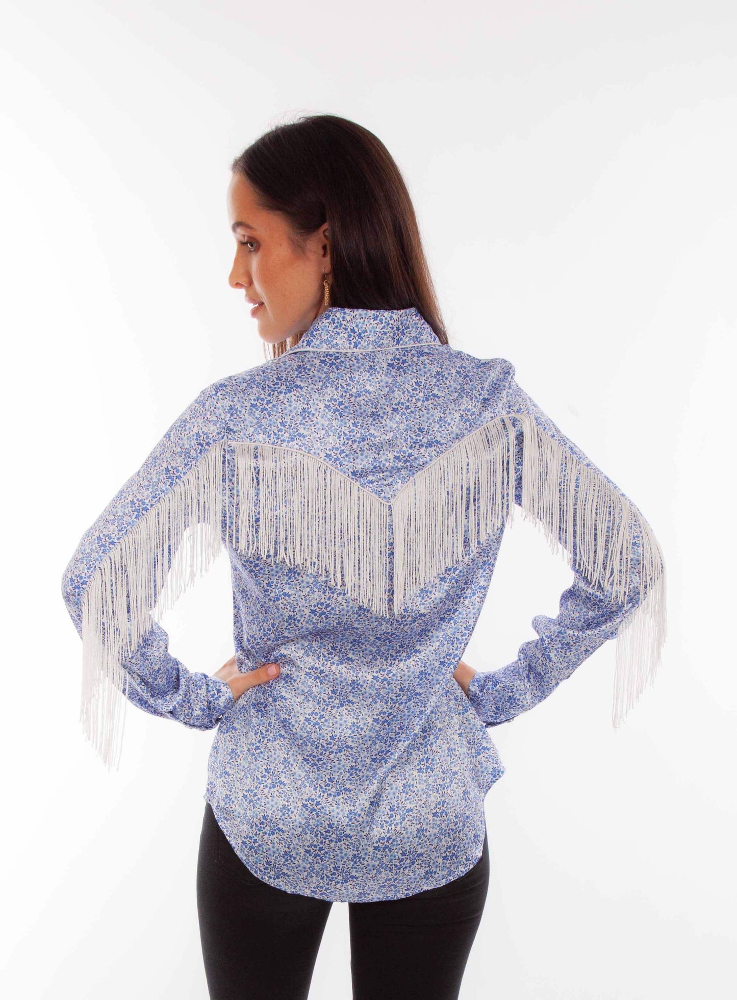 Scully Leather Mini Floral Print Blue Blouse with Fringe - Scully Leather - Flyclothing LLC