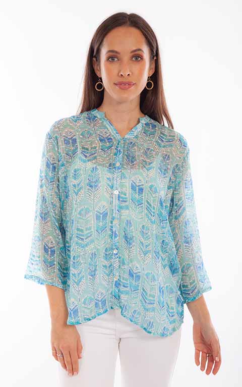 Scully Leather Honey Creek Sky Feather Print Textured Blouse