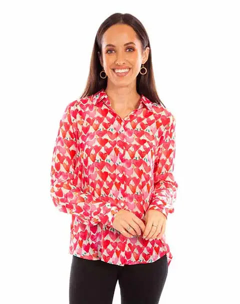 Scully Leather Honey Creek Pink Heart Print Button Up Collar Blouse - Scully Leather - Flyclothing LLC
