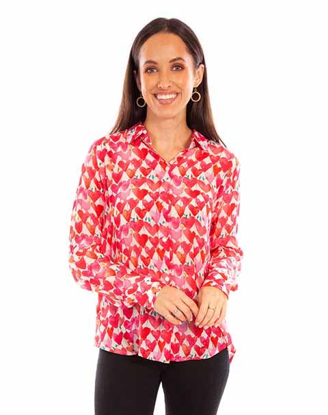 Scully Leather Honey Creek Pink Heart Print Button Up Collar Blouse - Scully Leather