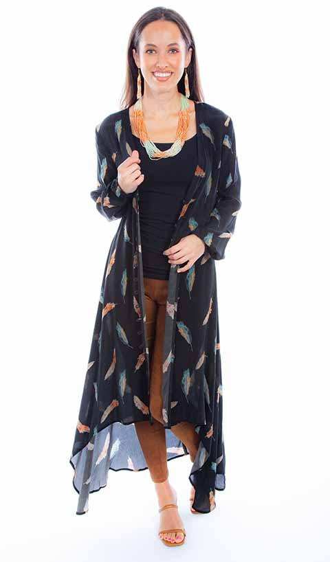Scully Leather Honey Creek Black Feather Print Button Up Kimono - Scully Leather - Flyclothing LLC