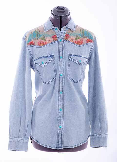 Scully Leather Honey Creek Denim Cactus Print Denim Top - Scully Leather - Flyclothing LLC