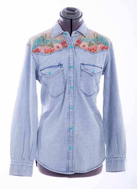 Scully Leather Honey Creek Denim Cactus Print Denim Top - Scully Leather - Flyclothing LLC