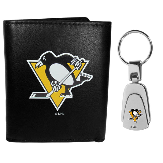 Pittsburgh Penguins Leather Tri-fold Wallet & Steel Key Chain - Siskiyou Buckle