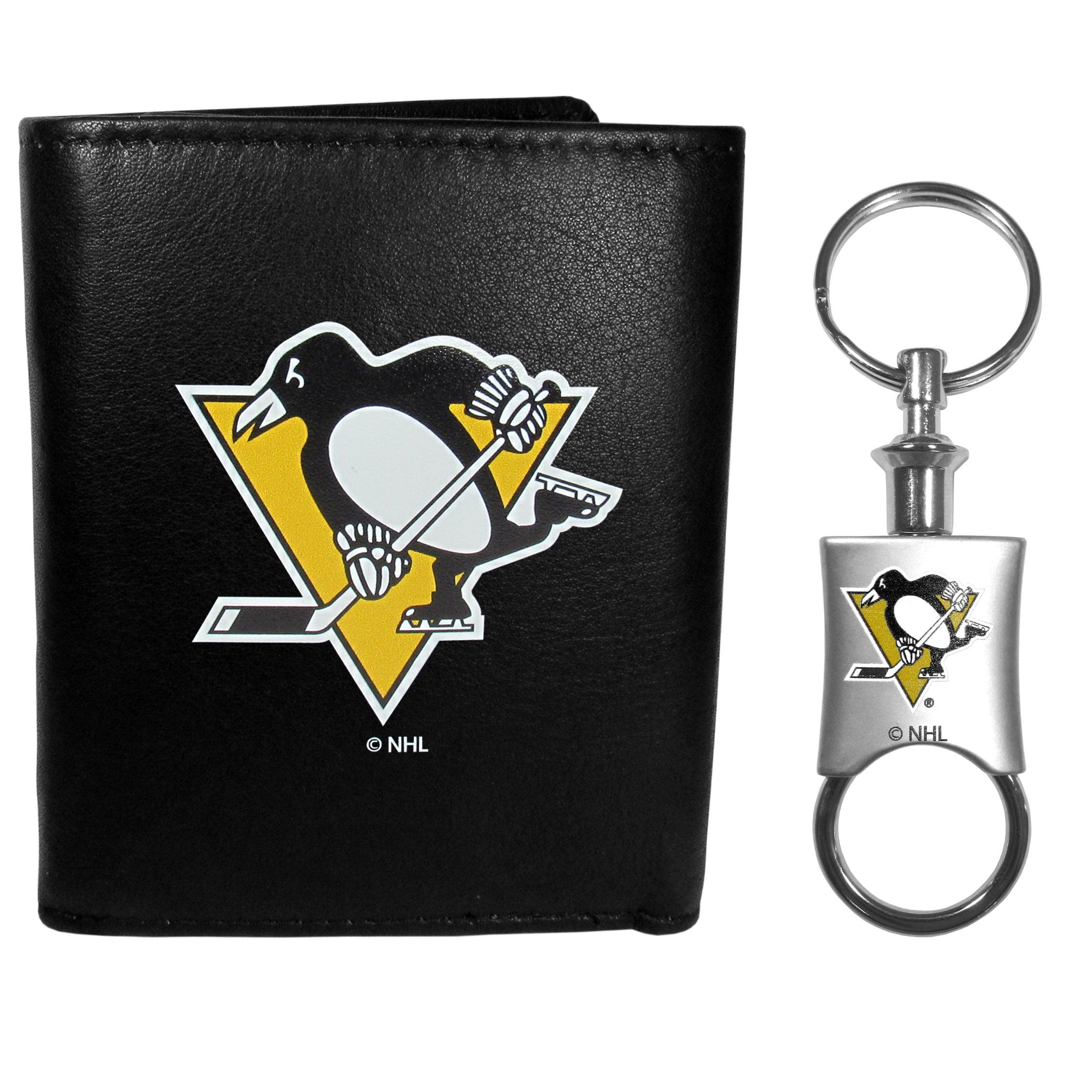 Pittsburgh Penguins Leather Tri-fold Wallet & Valet Key Chain - Flyclothing LLC