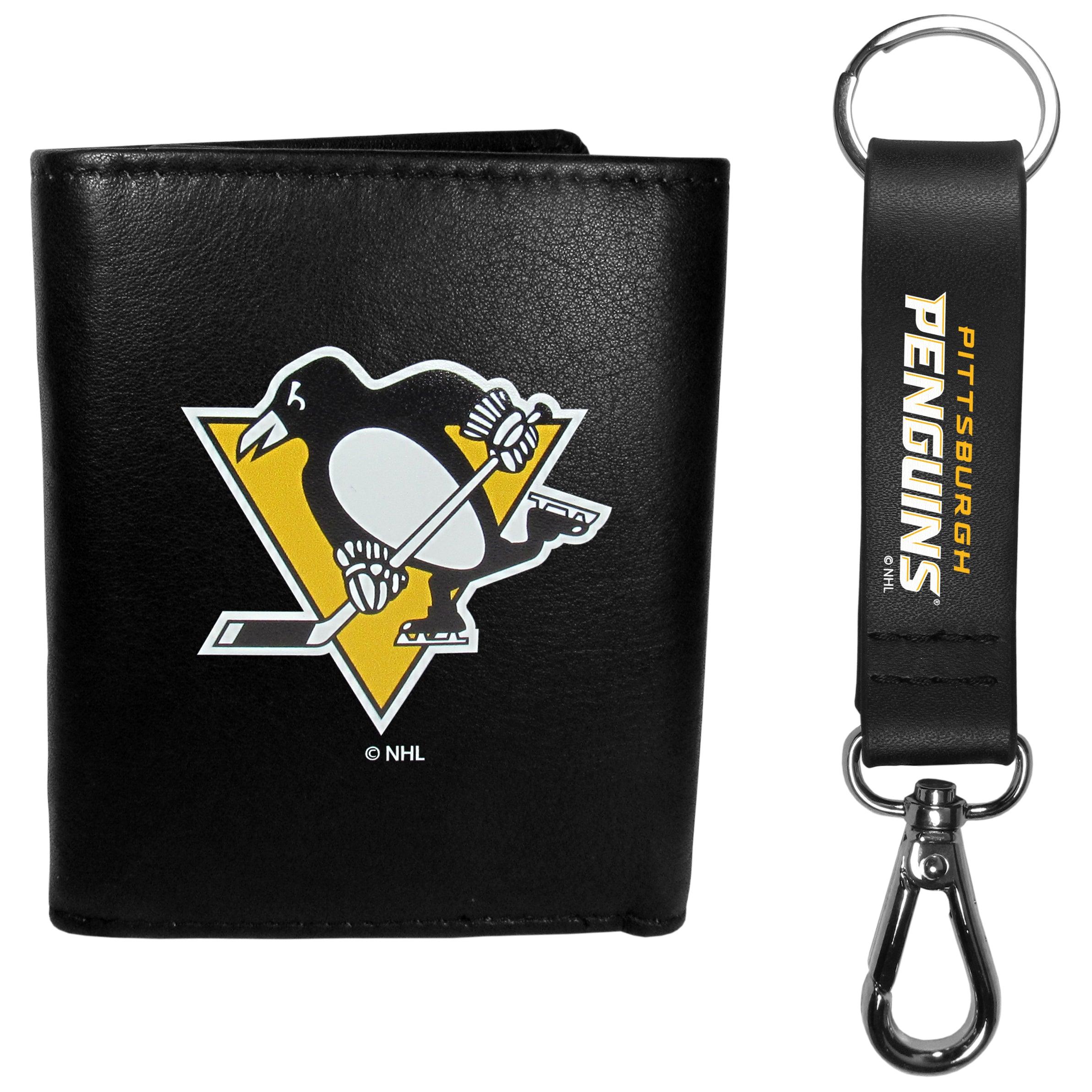 Pittsburgh Penguins Leather Tri-fold Wallet & Strap Key Chain - Flyclothing LLC