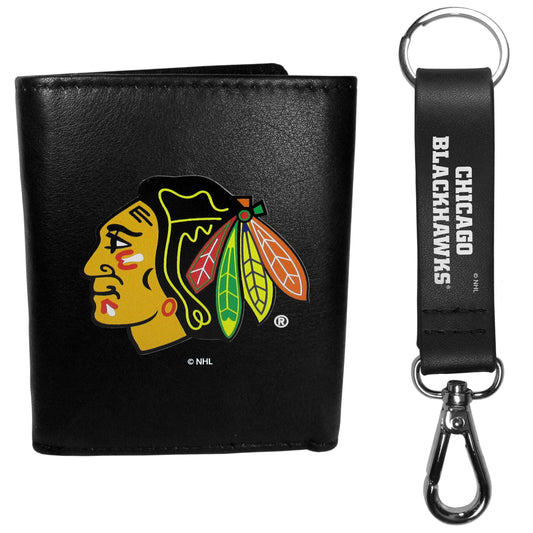 Chicago Blackhawks Leather Tri-fold Wallet & Strap Key Chain - Flyclothing LLC