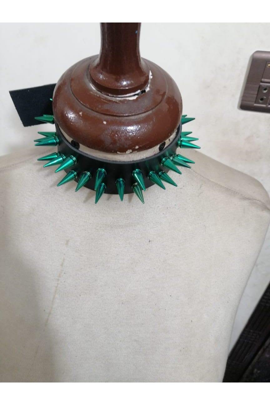 Daisy Corsets Black Faux Leather & Green Metallic Spike Choker - Daisy Corsets