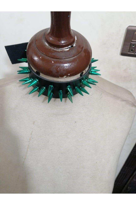 Daisy Corsets Black Faux Leather & Green Metallic Spike Choker - Daisy Corsets - Flyclothing LLC
