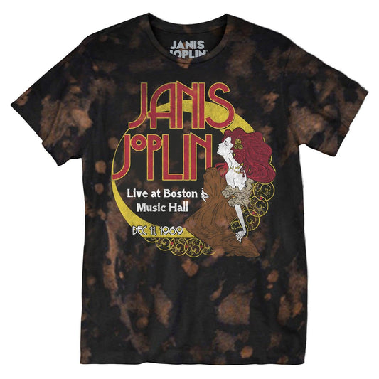 Janis Joplin Moon Dreams Nouveau Men's Black W/Bleach Splatter Crew T Shirt - Janis Joplin