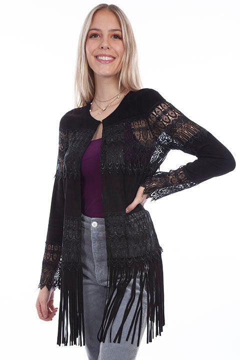 Scully BLACK LAMB SUEDE CROCHET LADIES JACKET - Scully Leather