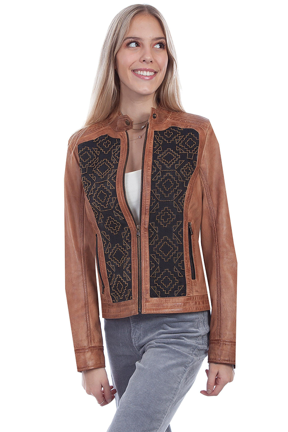Scully COGNAC SOFT LAMB BEADED PANEL LADIES JACKET - Scully Leather