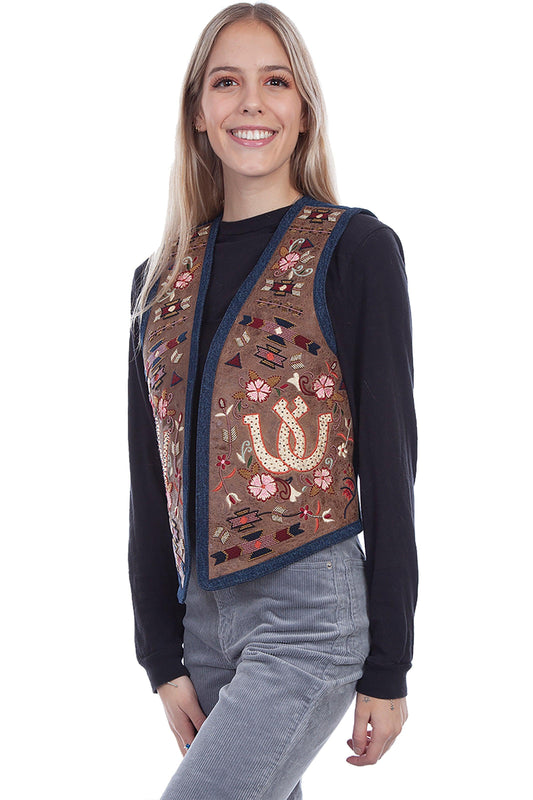Scully Leather Brown Embroidered Horseshoe Vest - Flyclothing LLC