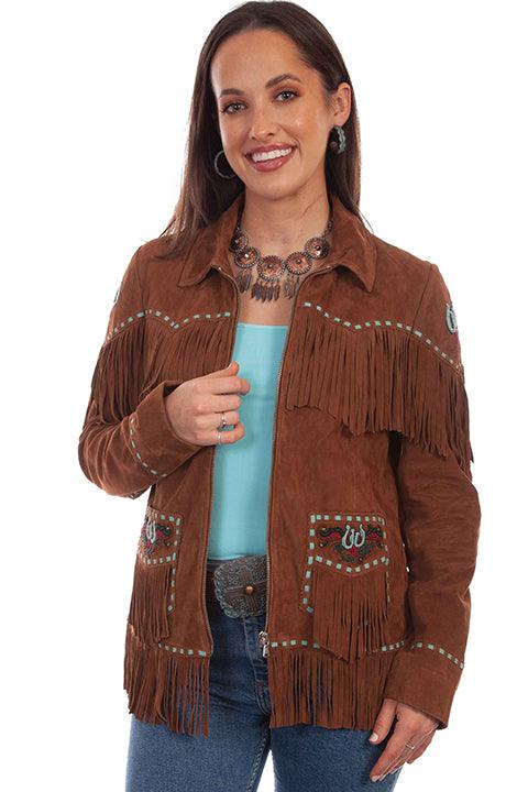 Scully Leather Brown Lamb Suede Embroidered Ladies Jacket - Flyclothing LLC